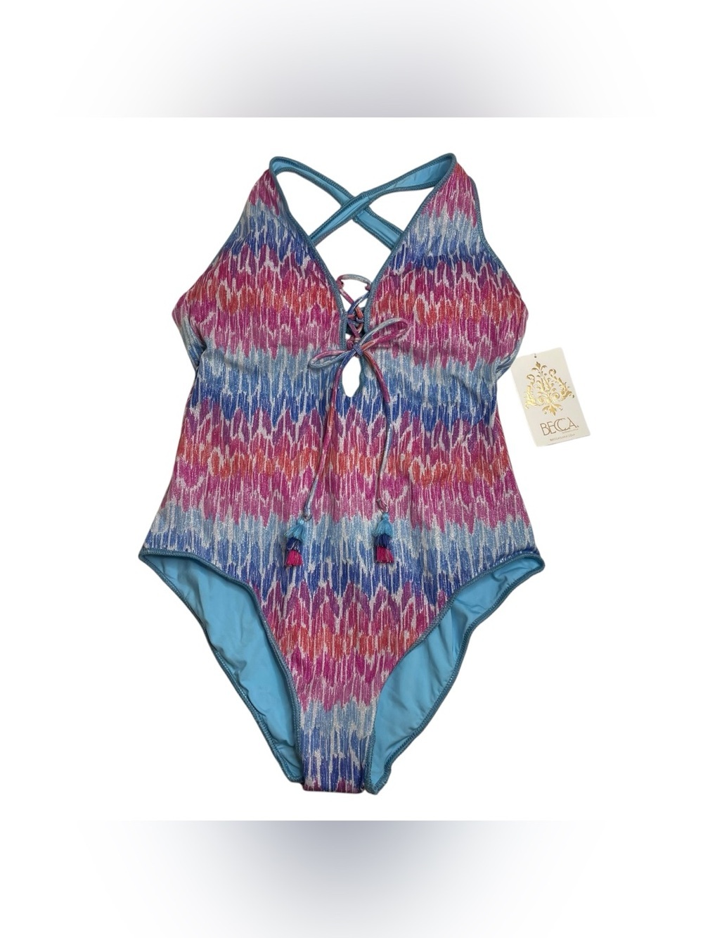 BECCA Joshua Tree Corset One Piece Swimsuit Blue Pink Lace Up Front Medium New